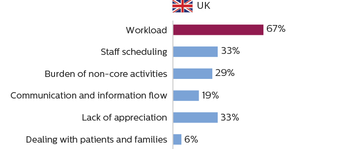 Bar charts showing that imaging staff in the UK consider workload to be the primary cause of work stress