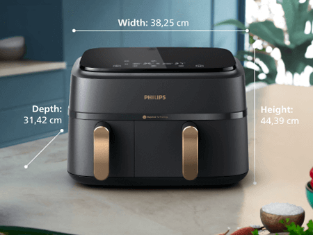 Philips Dual Basket standing on the countertop with all dimensions described: Width: 38,25 cm , Depth: 31,42 cm , Height: 44,39 cm